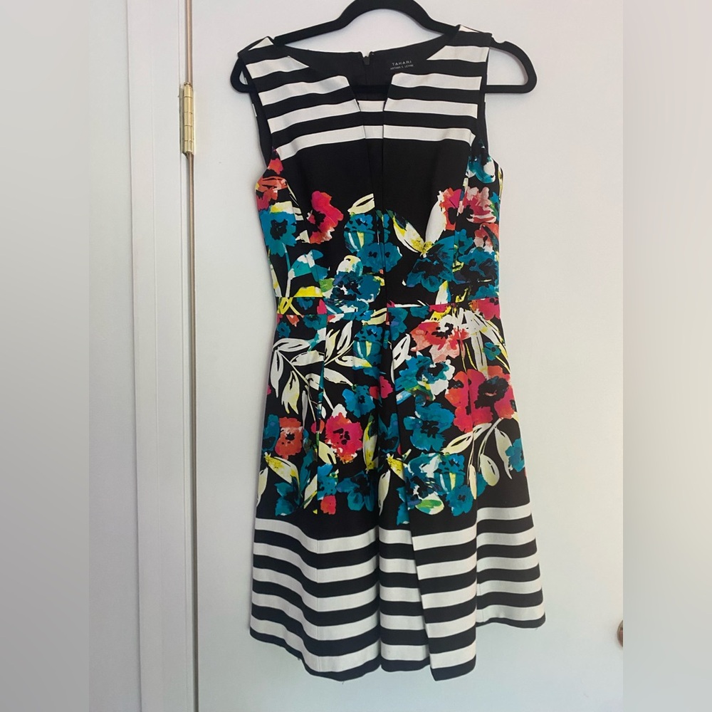 Tahari Blue and Pink Floral Fit and Flare Midi Dress, knee length